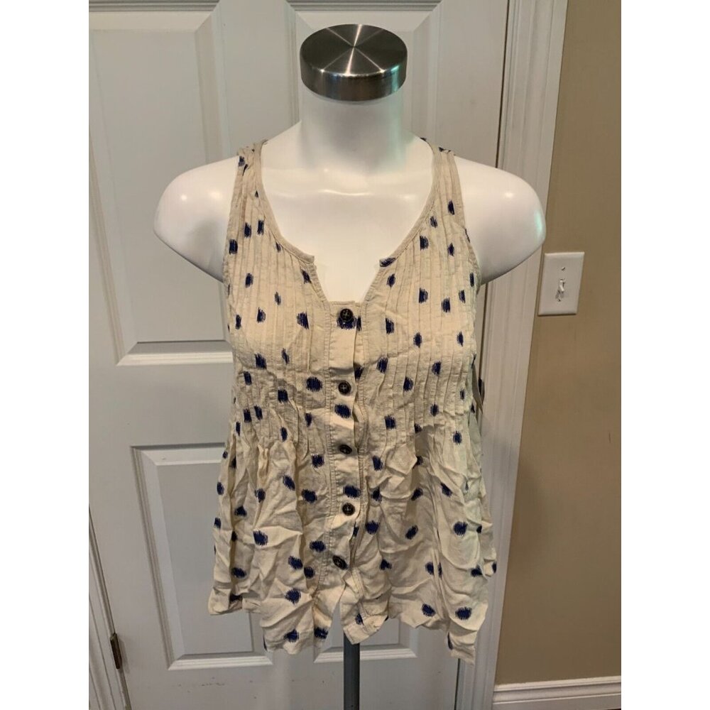 Maeve Anthropologie Tan & Blue Polka Dot Ruffle Button Front Tank Top, Size 0